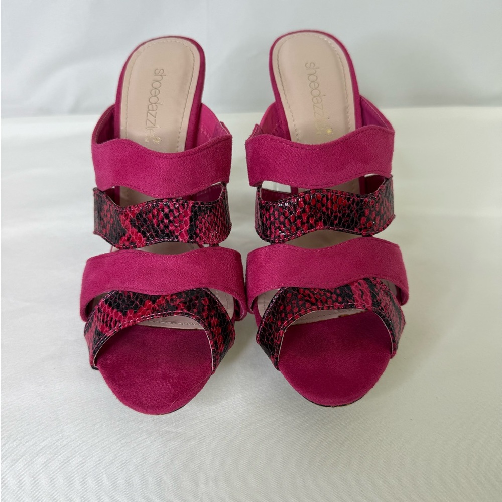 Shoe Dazzle Pink Open Toe Mules with Faux Snakeskin Accents